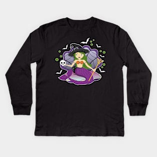 Halloween Witch Mermaid Kids Long Sleeve T-Shirt